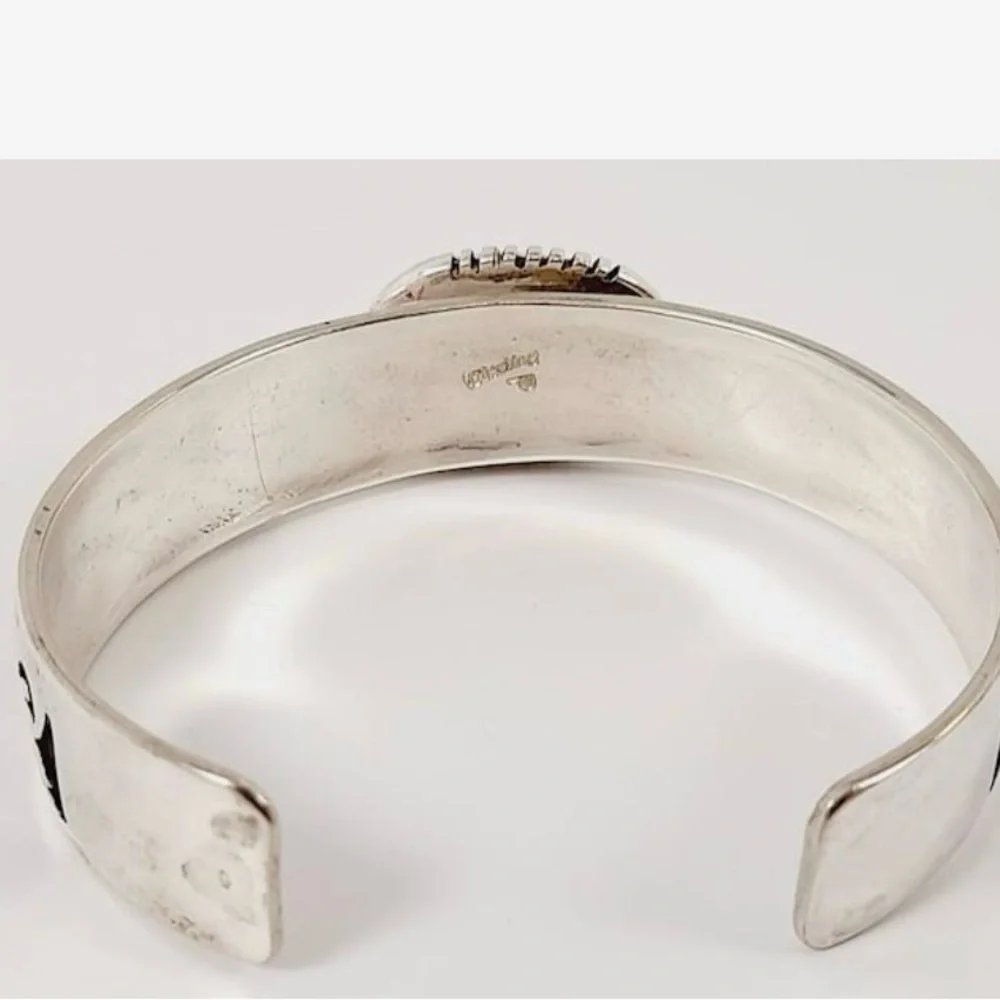 Sterling Silver & Turquoise Cabochon Overlay Cuff Bracelet - Picture 15 of 16